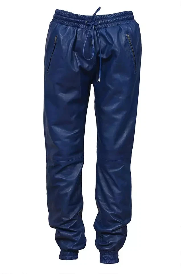 Men's Blue Leather Handmade Joggers Pant Genuine Lambskin Leather Stylish