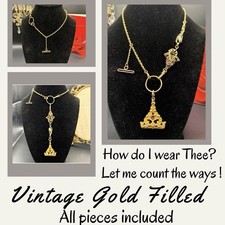 Vintage Gold Filled Pocket Watch Chain Necklace  FOB, T-Bar, Charm Enhancer