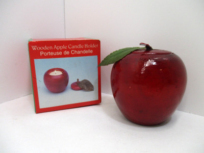 Wooden Apple Candle Holder/Trinket Box Leather Stem Metal/Fabric Leaf 3'' Tall