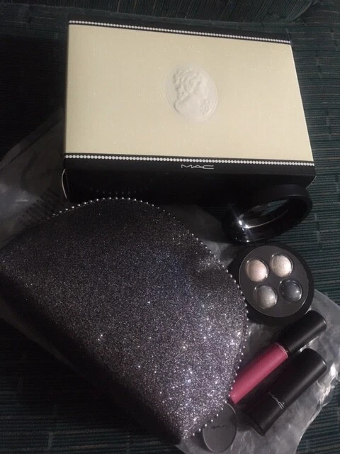 MAC Keepsakes Silver Mineralize Eye Shadow Quad Rich Lipstick Glass Glitter Bag