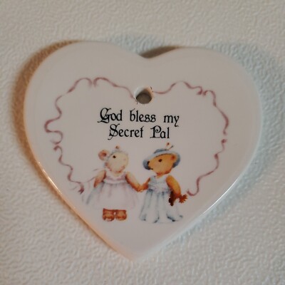 Secret Pal Ceramic Heart Ornament God bless my Secret Pal  Bunny Bear 3'' X 2.5''