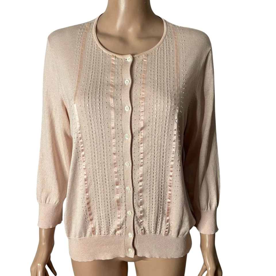 Ann Taylor Cardigan Womens XL Pink Silk Blend Button Front Sweater Beaded - Image 3 of 4
