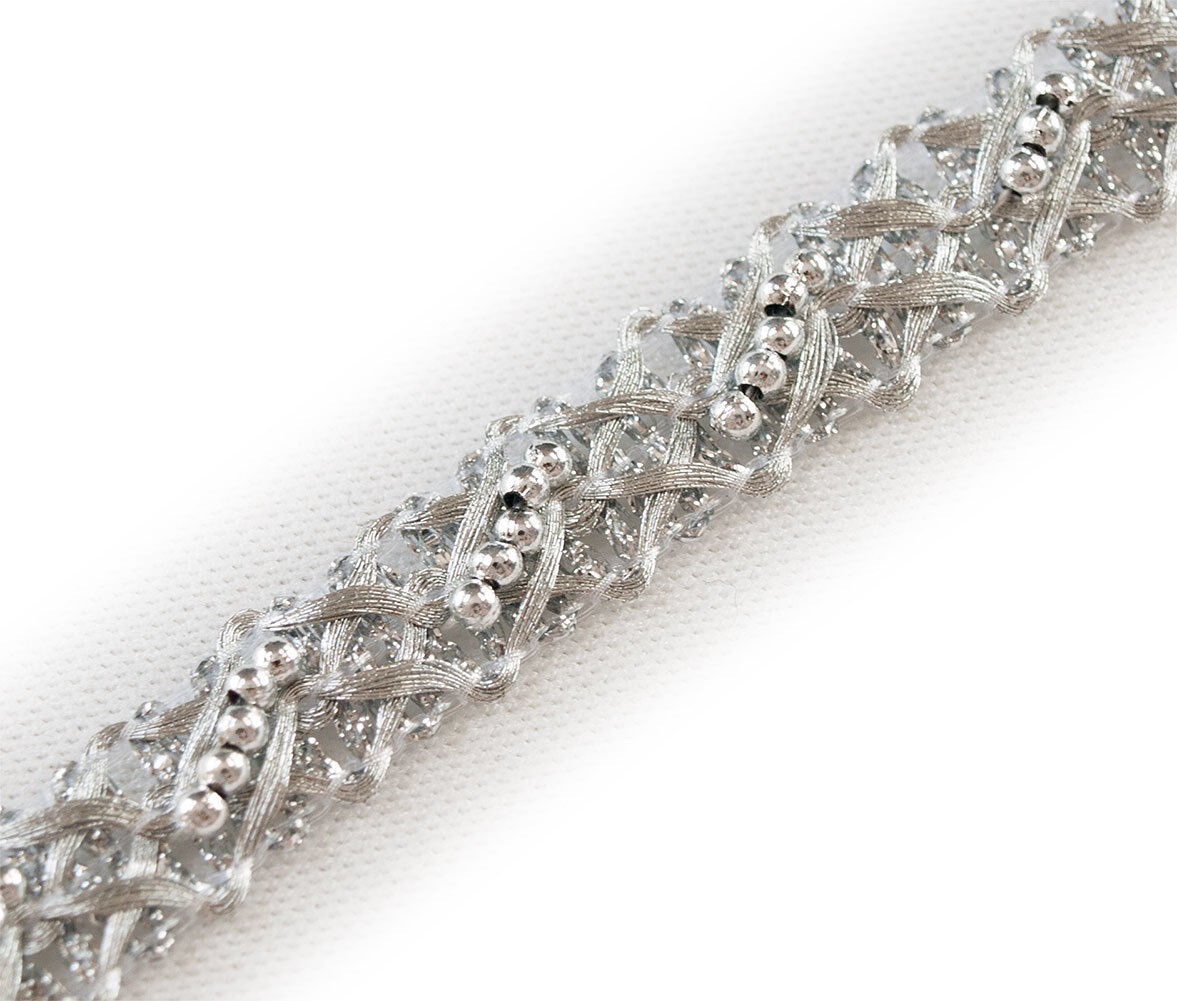 5 Yards. Metallic Trim with Beads. Silver. Braid, Lace, Ribbon 1/2" wide