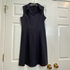 Tahari Womens Sz 8 Navy Blue Sleeveless Linen Blend V-Neck Dress Side Zip Collar