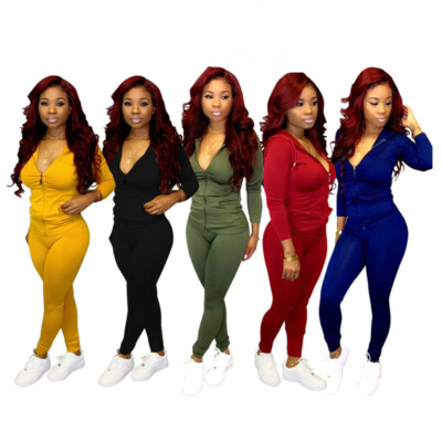 Women's Sporty Long Sleeve Hooded Zipper Drawstring Jumpsuit Two-piece Tracksuit