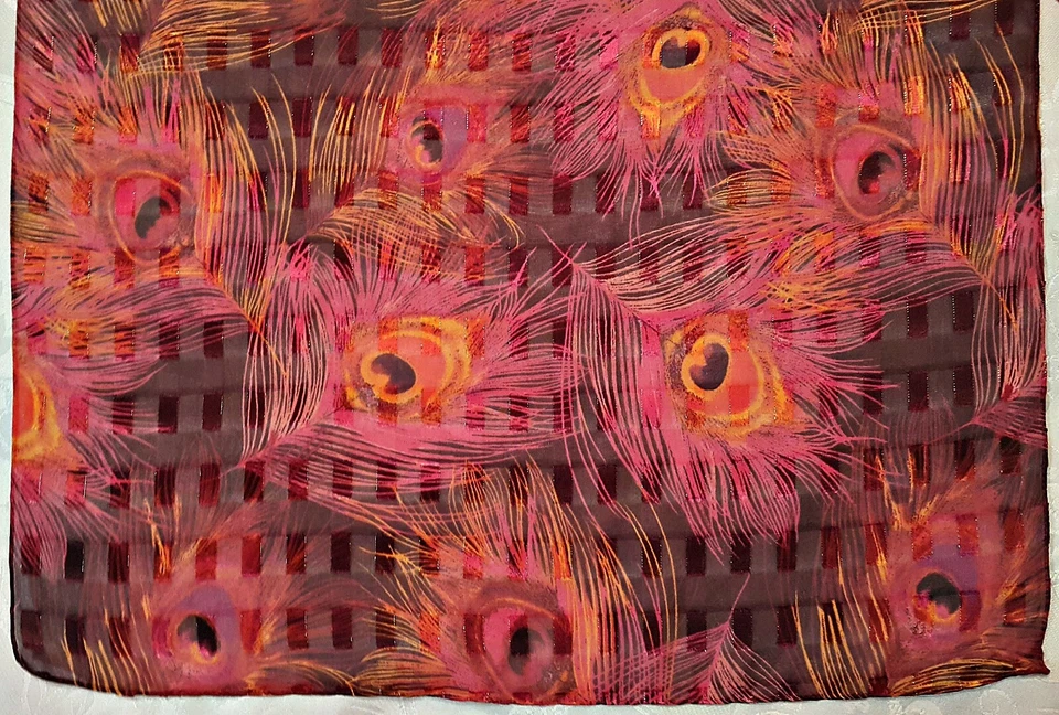 BUFANDA VINTAGE AUTÉNTICA PLUMA DE PAVO REAL PÚRPURA ORO ROSA LARGA PARA MUJER Foto 2 de 4