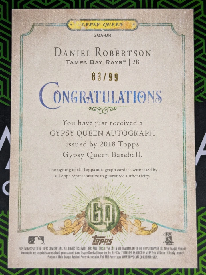 Troca de logotipo Daniel Robertson 2018 Topps Gypsy Queen autografada 83/99 Tampa Bay Rays - Imagem 2 de 2