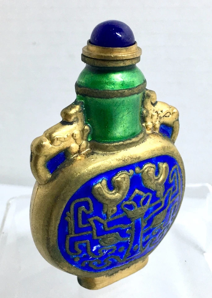 Antique Chinese Brass and Enamel Snuff Bottle w/ Lapis Lazuli Gem Top - Image 2 of 4