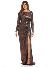 Rene Ruiz Slinky Bronze Long Sleeve Draped Evening Gown Dress 14 1495 NWT