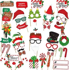 44Pcs Christmas Party Photo Booth with Stick Props Kit for Adults Kids for Chris