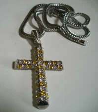 Men Silver Finish Clear & Yellow Stone Cross Fashion Hip hop Chain & Charm