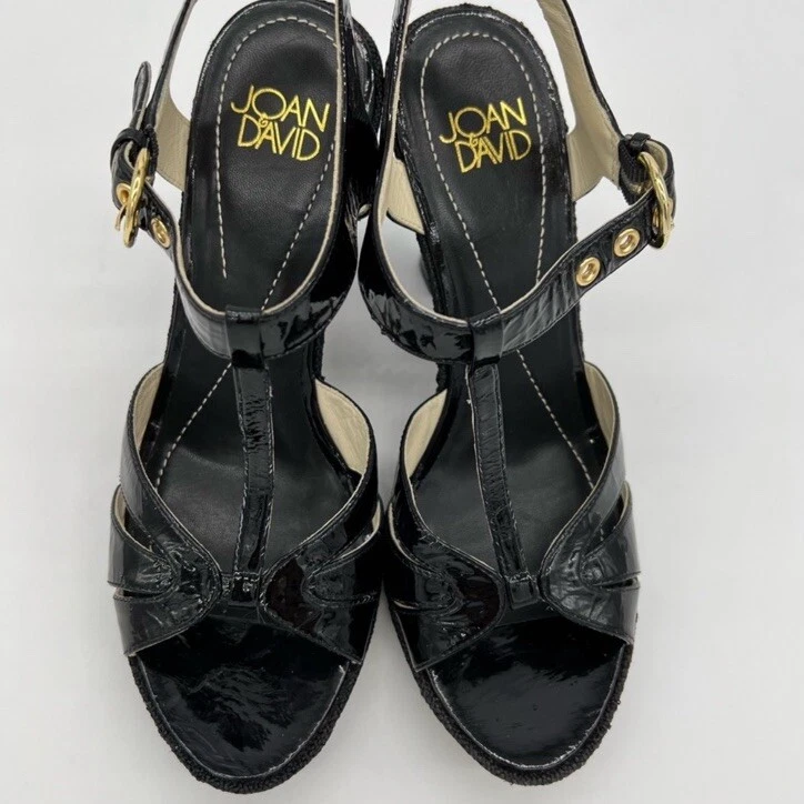 Sandalias de cuña Joan & David negras charol correa en T punta abierta para mujer 7,5 Foto 2 de 4