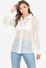 Womens White Lace Satin Detail Button Down Long Sleeves Collared Oversized Shirt