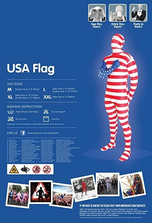Adulto EE. UU. Morphsuit Hombres Mujeres Bandera Americana Skinsuit Zentai Traje Disfraz M-XXL Foto 3 de 4