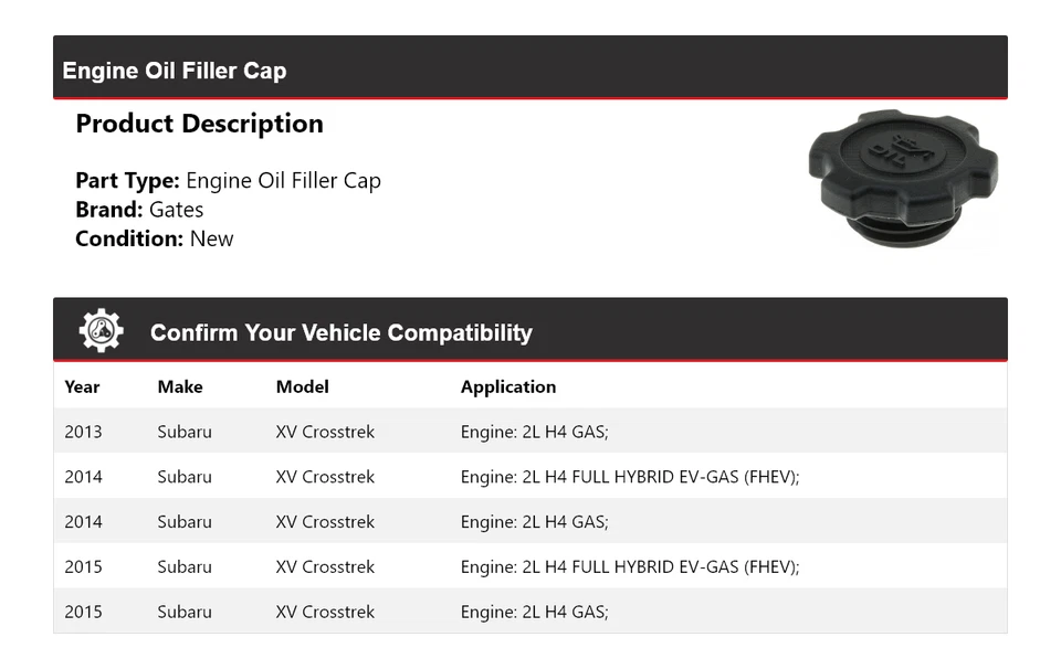 For 2013-2015 Subaru XV Crosstrek Engine Oil Filler Cap Gates 2014 - Image 2 of 4