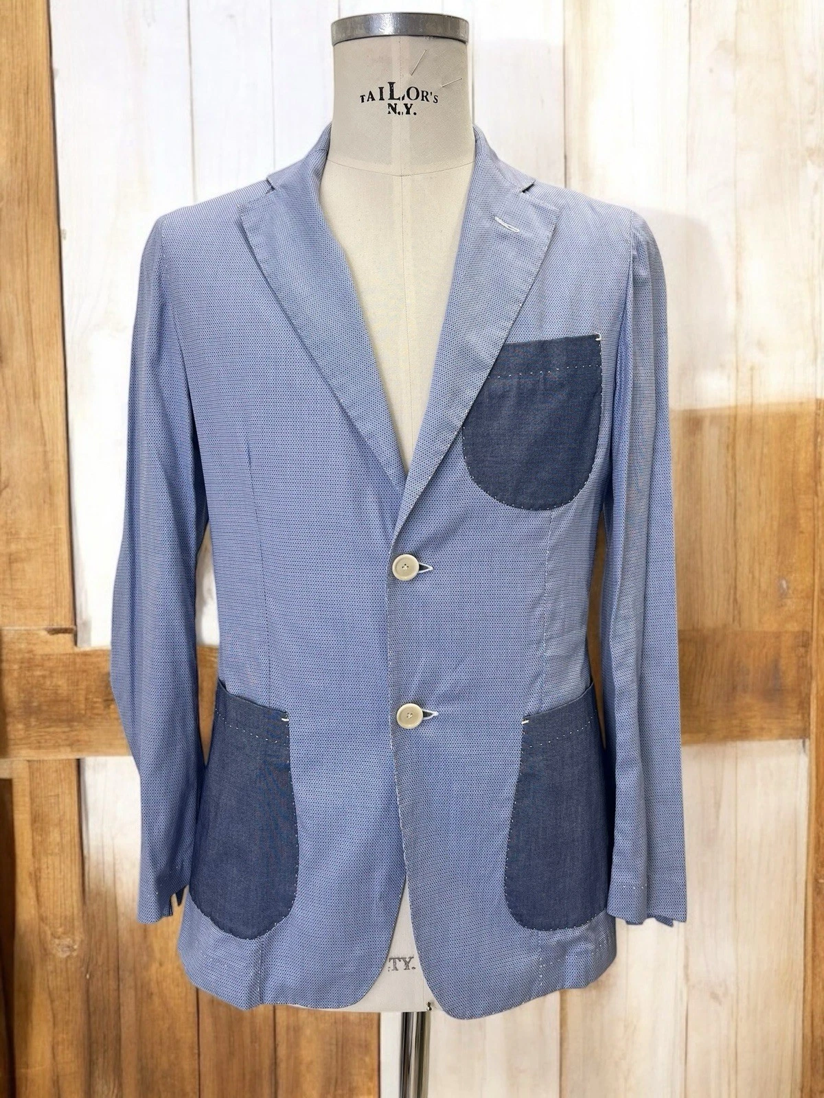 Men's Cotton Blue Blazer Jacket Size 48 S Tailored Hand Made Denim MadeIn Italy