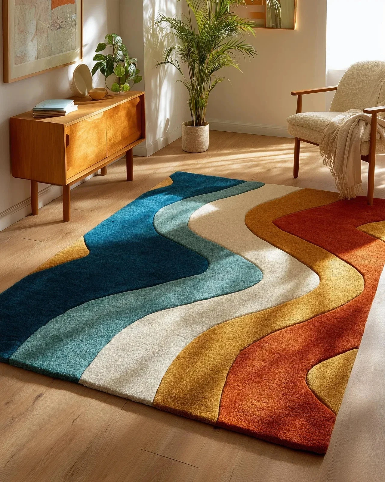 Hand Tufted Retro Wavy Area Rug Colorful Abstract Carpet for Living Room rug etc