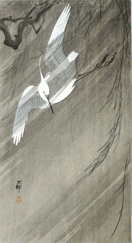 Japanese Woodblock by Ohara Koson "Egret Flying in a Storm" circa 1920's