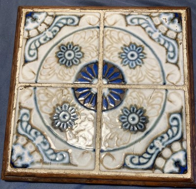 Ceramic Tile Art Mounted On Wooden Block: 7 3/4 x 7 3/4 