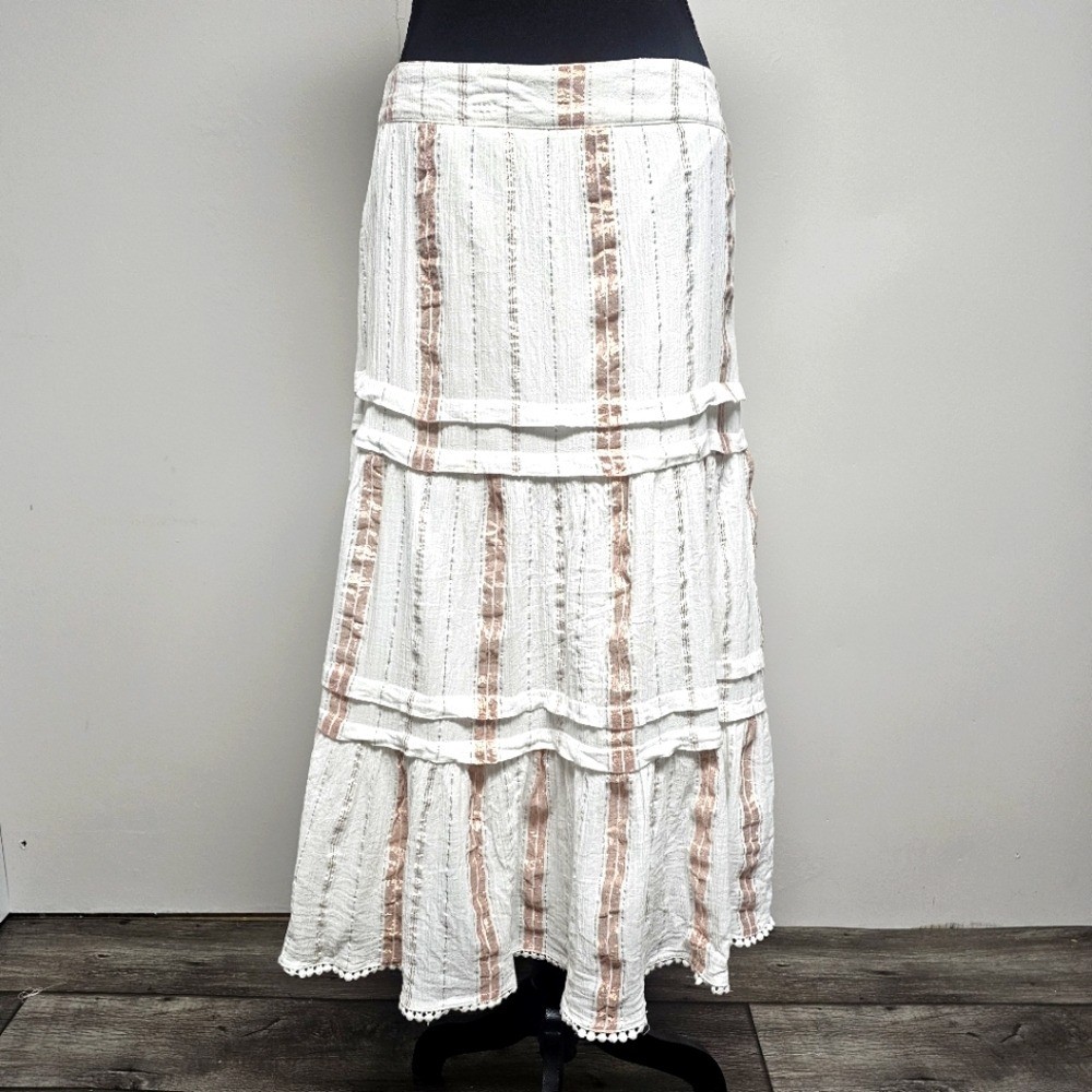 Falda Midi Versona Blanca Rosa Oro Rayas en Niveles Fluida Boho Flecos Verano