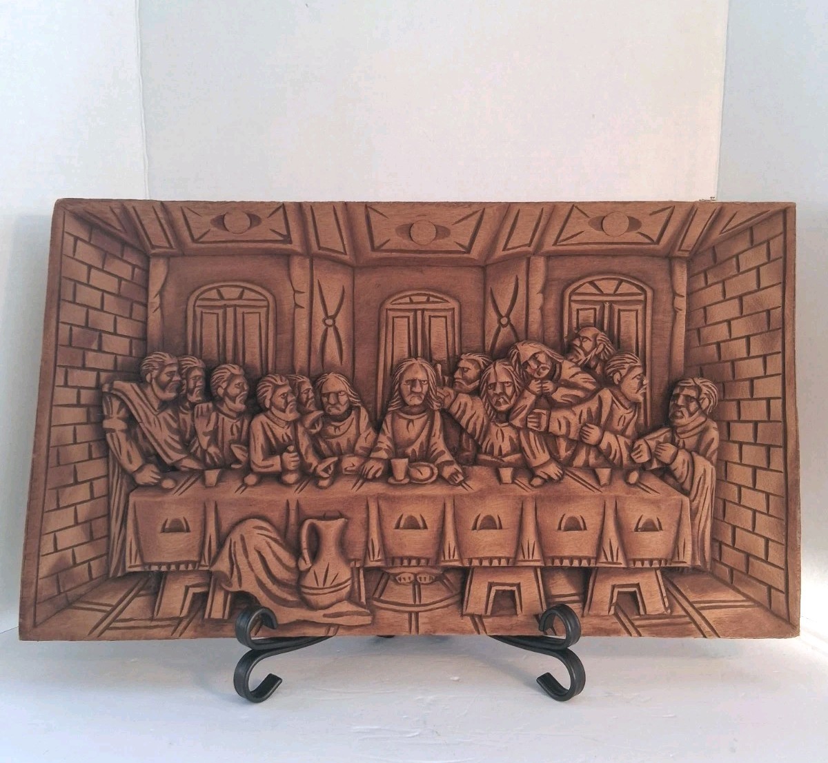Vintage 1970's Wooden Last Supper 3D Carving; Artisan Signed; ?Cedar Wood; EUC