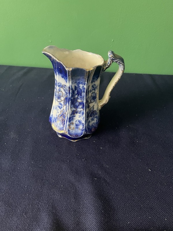 Antique Flow Blue Milk Pitcher With Floral Pattern And Gold Gilt Trim