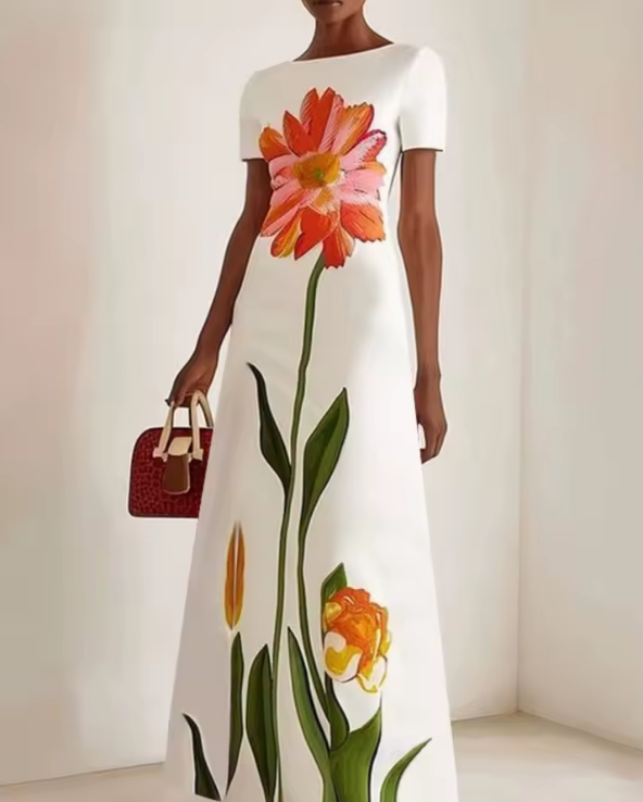 Boho Chic Giant Flower Print White Maxi Dress Short Sleeve Summer Party Size S
