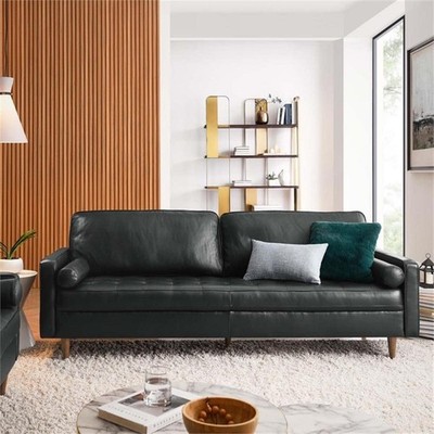 Maklaine 88'' Contemporary Leather and Dense Foam Sofa in Black