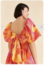 Farm Rio Summer Garden Ombre Orange Pink Yellow Mini Dress Cut Out Bow Back M