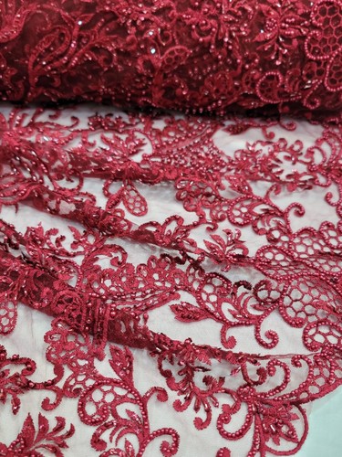 Burgundy Beaded Lace Floral Flowers Embroidery Fabric By The Yard Vintage - Picture 4 of 9