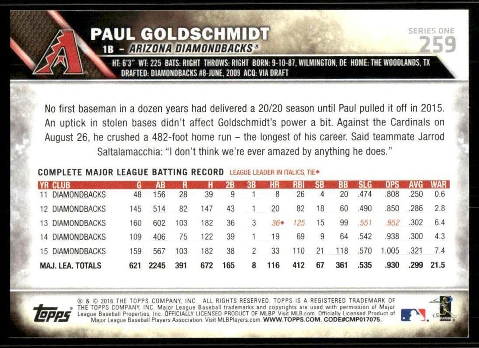 2016 Topps Mini #259 Paul Goldschmidt - Image 2 of 2
