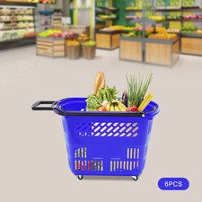 6pc Blue Shopping Carts with Wheels  Handle Plastic Rolling Shopping Basket