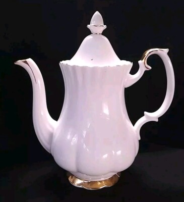 Royal Albert Val D'or White Bone China Coffee Pot Gold Accents Footed England