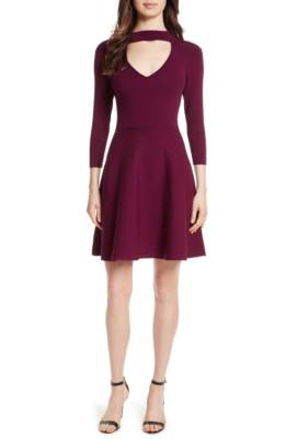 MILLY Burgundy Cutout Collar Stretch Knit Fit & Flare 3/4 Sleeve Dress S = 4/6