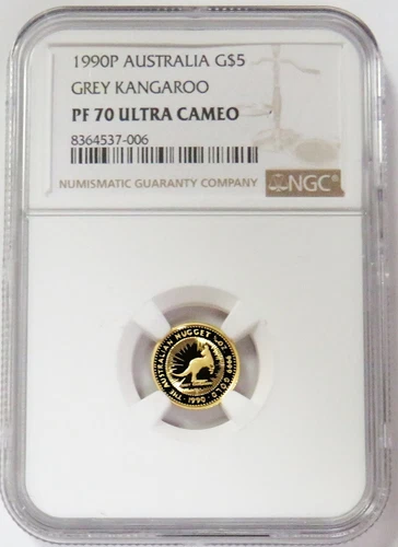 1990 P GOLD AUSTRALIA 9956 MINTED $5 GREY KANGAROO 1/20 OZ NGC PF 70 ULTRA CAMEO