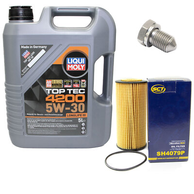 Motoröl Set 5W-30 5 Liter + Ölfilter SH 4079 P + Schraube für VW Golf VII 220 PS