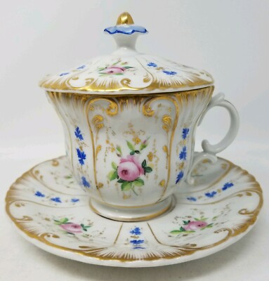 BPM Germany Buckau Porcelain Manufactory Oversized Covered Cup & Saucer  c.1850