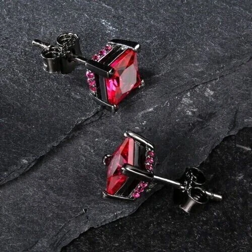 4Ct Princess Cut Created Red Ruby Solitaire Stud Earrings 14K Black Gold Plated - Image 4 of 4