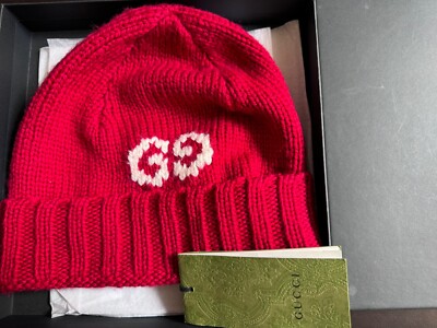 Authentic NWT Gucci SIZE MEDIUM Red GG logo knit cap hat mens | eBay