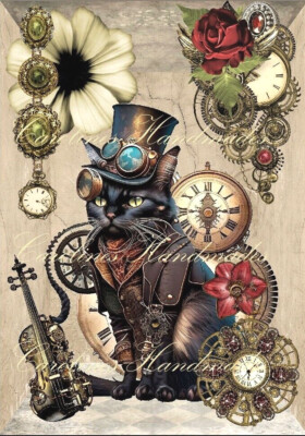 Steampunk Cat Collage C Designer Cotton Fabric Quilt Block Multi-size