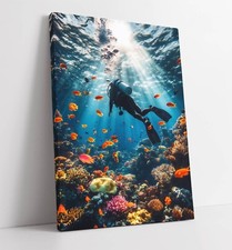SCUBA DIVER UNDERWATER WITH FISH FRAMED CANVAS WALL ART PICTURE PRINT