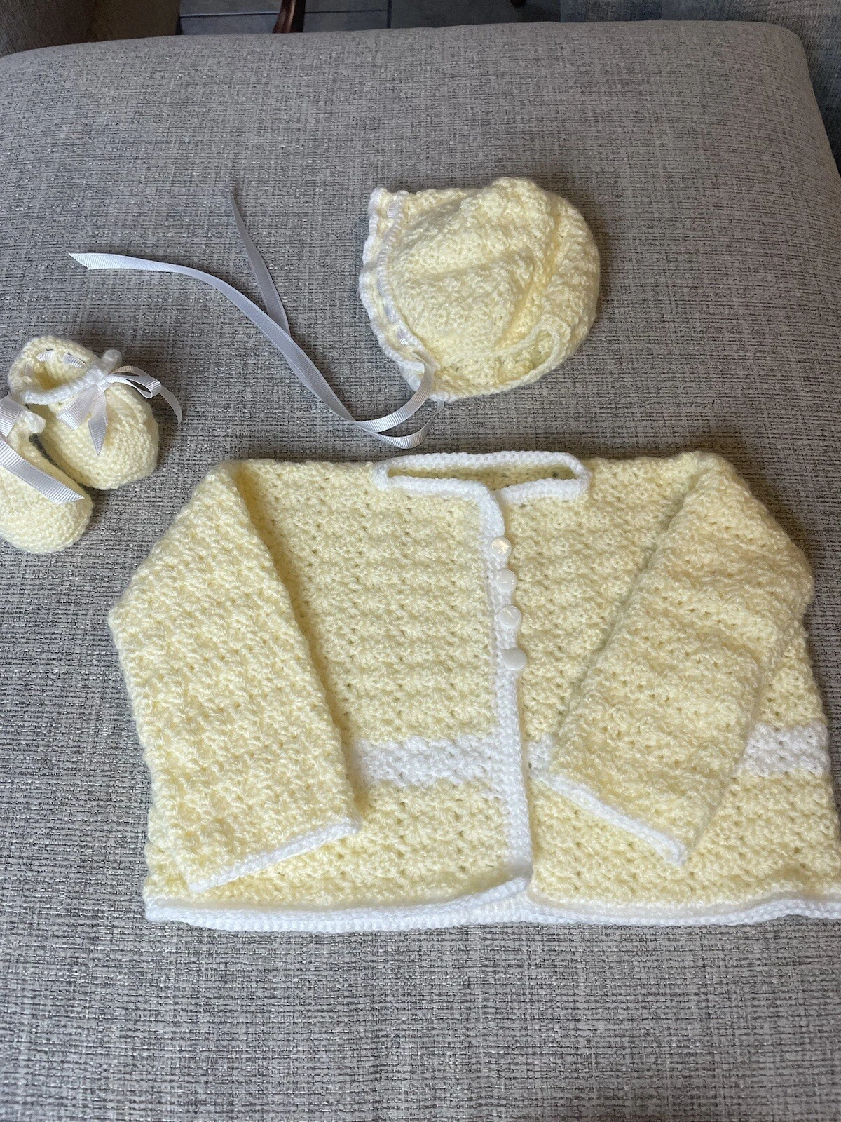 Handmade Baby Yellow Crochet Baby Sweater, Hat, Booties Buttons Ribbons