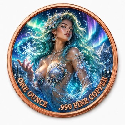 .999 Copper  Aurora Goddess   In Protective Capsule. Round .999 Copper