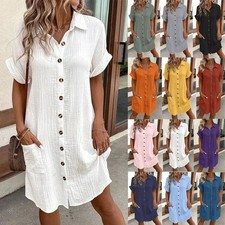 Womens Short Sleeve Shirts Dress Women Button Casual Summer Beach Sundress