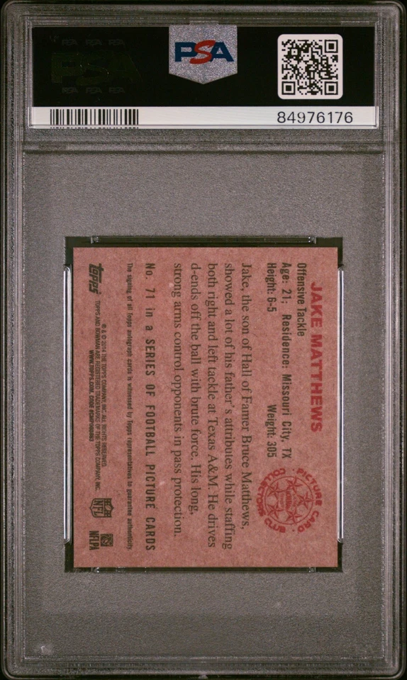 2014 BOWMAN JAKE MATTHEWS #71 AUTO 1950 MINI ROOKIE CARD #/99 | PSA 10 GMT POP 1 - Image 3 of 4