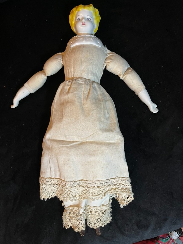Antique China Head Doll with blonde hair - cloth body - 16"
