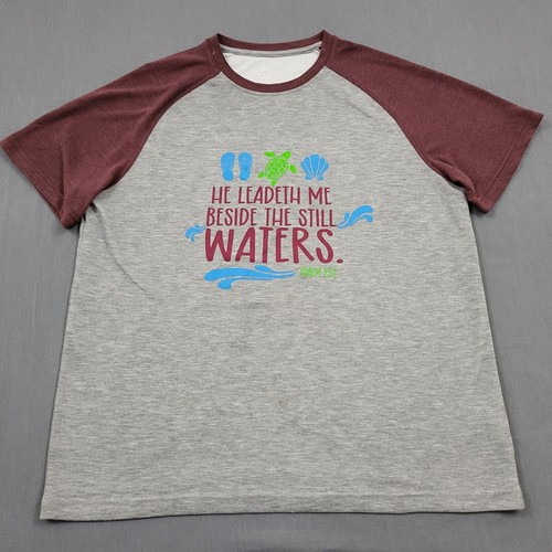 George Shirt Mens L Short Sleeve He Leadeth Me Beside The Still Waters Gray *