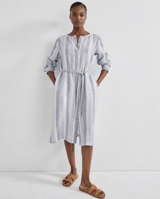 Haven Well Within Women s L Blue Linen Ombre Stripe Shirt Dress Belted Summer