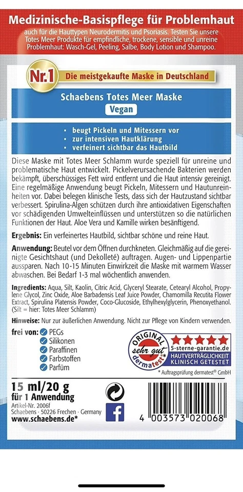 Schaebens Cleansing Mask/Dead Sea Mask/totes Meer Maske 5x 15ml, New - Image 2 of 2