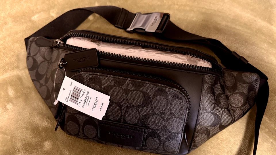 Bolso Cinturón Coach Carbón/Negro Firma Cuero y Lona Nuevo con Etiquetas $350 Foto 2 de 4